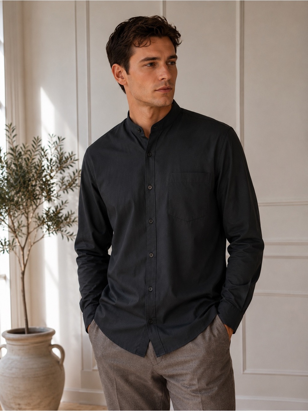 Next Men’s Black Mandarin Collar Button Down Shirt XXL